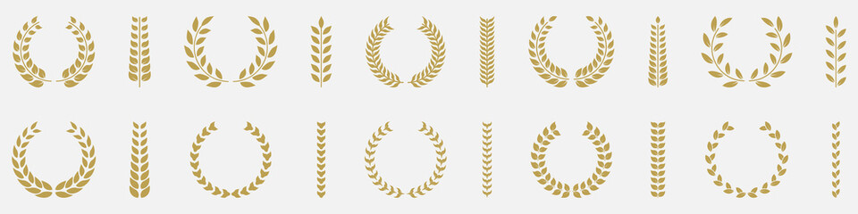 Olive Leaves Branch Award Silhouette Icon. Laurel Wreath, Success Ornament Pictogram, Victory Emblem Set. Champion Reward Chaplet Symbol. Accomplishment Triumph. Isolated Vector Illustration