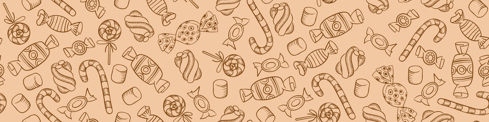 Seamless pattern with sweet items. Hand drawn marshmallow and caramel candies. Doodle background. Vector illustration.