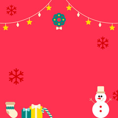 Cute Merry Christmas Happy New Year Snowman Candy cane Sock Gift Present Christmas Wreath Snowflake Star Decorative light Square Post Card Poster Promotion Banner Red Background Copy Space Template