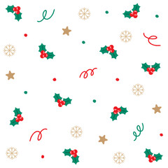 Fototapeta na wymiar Cute Merry Christmas Holly Star Snowflake Confetti Element Ditsy Sprinkle Sparkle Shine Small Polkadot Spring Line Abstract Colorful Pastel Red Green Seamless Pattern Background for Christmas Party