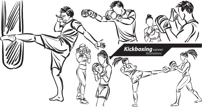 kickboxer fitness career profession work doodle design drawing vector illustration