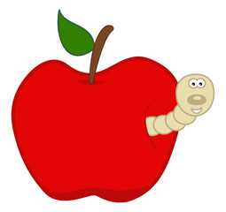 Smiling white maggot coming out of a juicy red apple