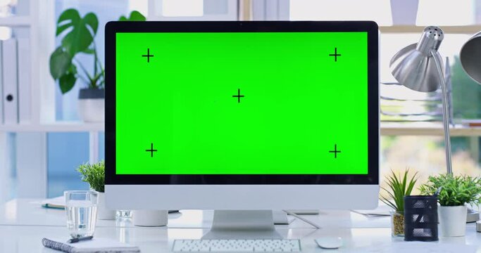 Green screen, computer and mockup desktop in office for user interface, website and web design company. Technology, digital marketing and blank pc screen for advertising ux, software and dashboard