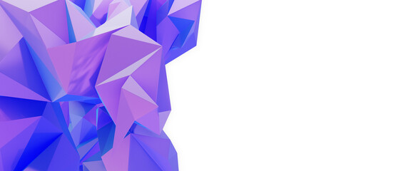 abstract 3d render of purple polygons, faceted triangles, wide blank space, white background, mock up and preset, polygonal wallpaper, modern graphic design