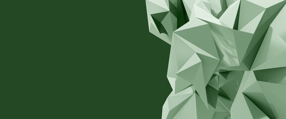 abstract 3d render of green metallic polygons, faceted triangles with blank space, crystal background, mock up and preset, polygonal wallpaper, modern graphic design