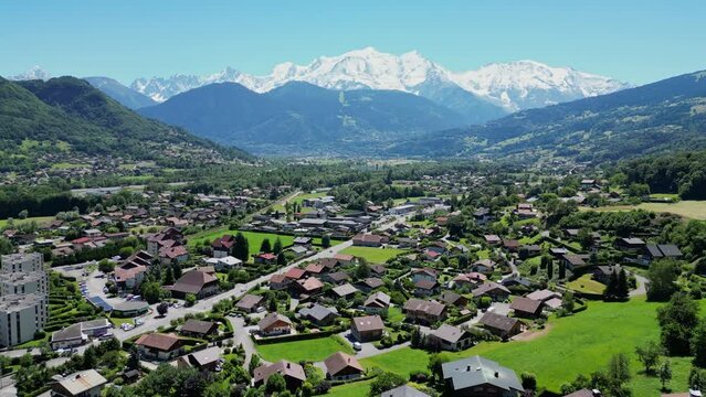 Mont Blanc and Passy Valley in French Alps - Aerial Dolly Forward
