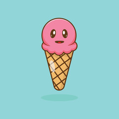 Cute ice cream character simple cartoon illustration. Food mascot concept.