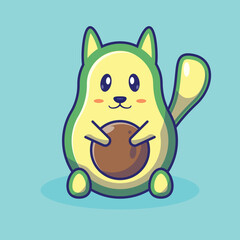 Adorable cat avocado simple cartoon illustration. Fantasy fruit concept.