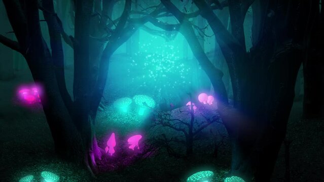 Dropping in on a magical night in the Enchanted Woods, lit up with a blue glow from glittering cloud of tiny excited blue faires, with glowing mushrooms and plants dotted across the forest floor