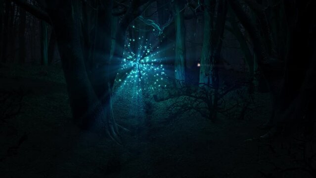A magical night in the Enchanted Woods, lit up with a blue glow from glittering cloud of tiny blue faires, fluttering excitedly, as one flies out to the foreground and flies off