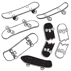Gordijnen Skateboard Hand drawn skateboarding elements. Skate doodle illustration.  © Damian