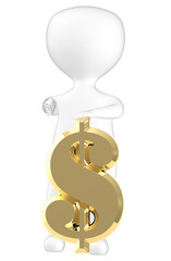 3d white character presenting a golden shiny dollar sign