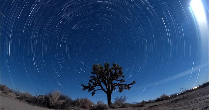 Star light trails make circles in the sky around the North Star with a Joshua tree in the foreground - long exposure time lapse