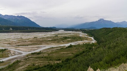 Scenic shot of Matanuska River and Chugach Mountain in Palmer, Alaska