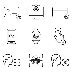 Password Finger Print, Voice Command Verification Line Icon Set. Biometric Identification Technology, Data Protection Pictogram. Finger Print ID Symbol. Editable Stroke. Isolated Vector Illustration
