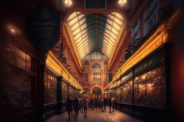 Fototapeta premium AI generated image of the interior of Leadenhall Market in London in the evening
