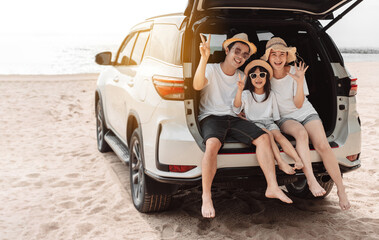 Plakat Family with Car travel driving road trip summer vacation in car in the sunset, Dad, mom and daughter happy traveling enjoy holidays and relaxation together get the atmosphere and go to destination