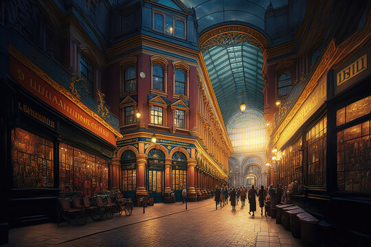 AI generated image of the interior of Leadenhall Market in London in the evening