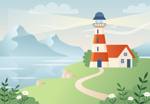 Landscape with lighthouse, summer landscape of ocean shore with mountains. Vector illustration in flat cartoon style