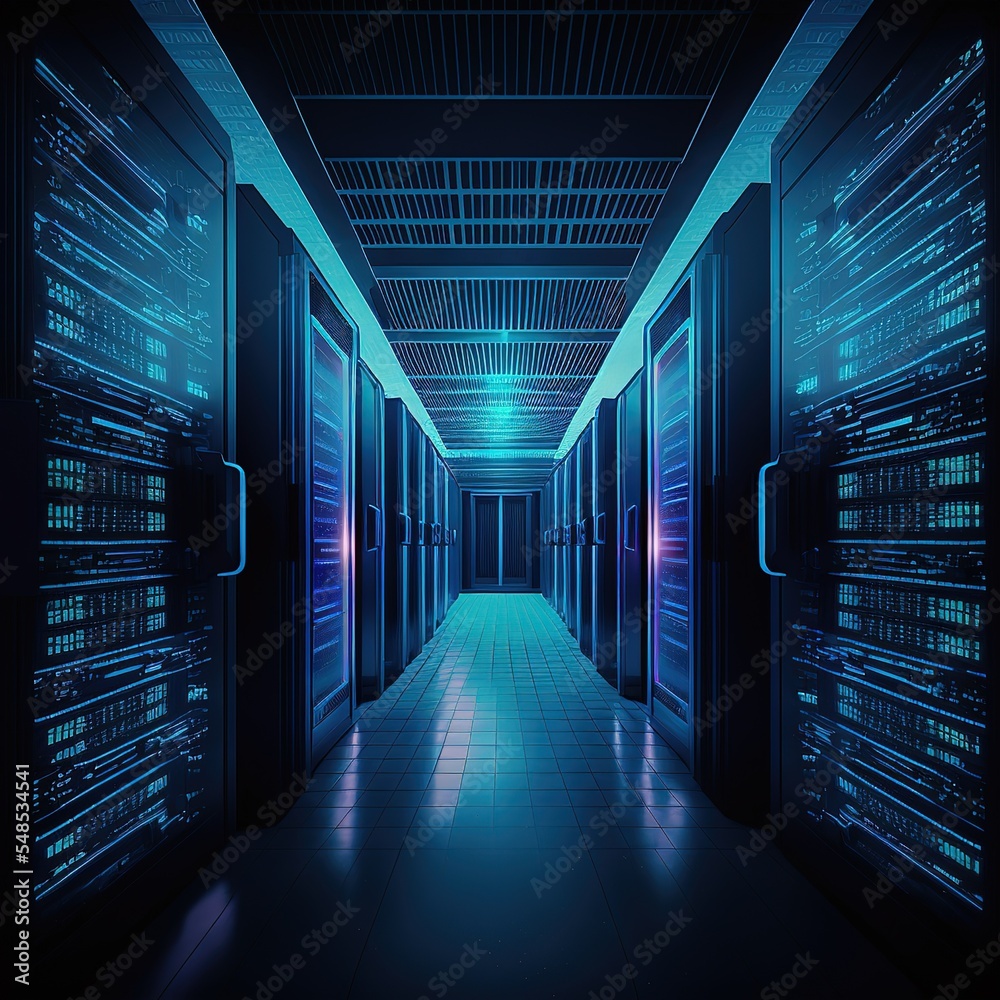 Poster data center or server room with servers of information cloud storage futuristic modern 3d illustrati