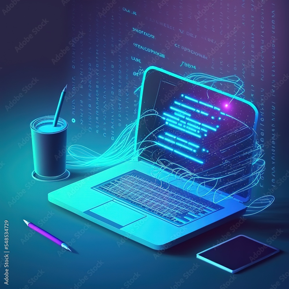 Poster Software development, web coding on laptop Futuristic modern 3d illustration