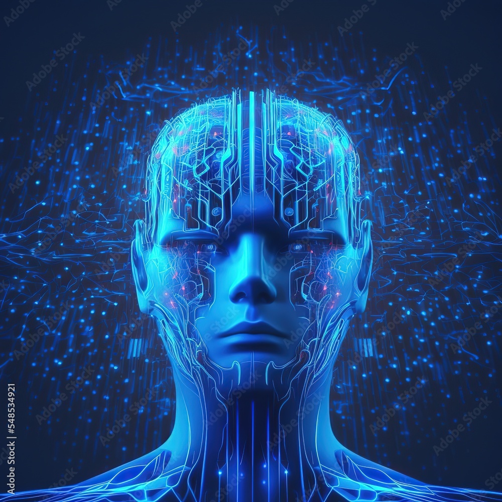 Poster artificial intelligence in humanoid head with neural network thinks futuristic modern 3d illustratio