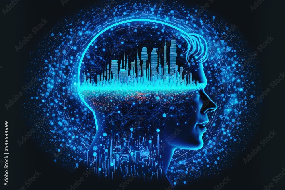 Poster artificial intelligence looking at smart city, connected with planet through global mobile internet 