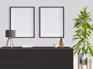 2 black frame on a concrete wall and cabinet with decoration, 3d Illustration, 3d rendering	