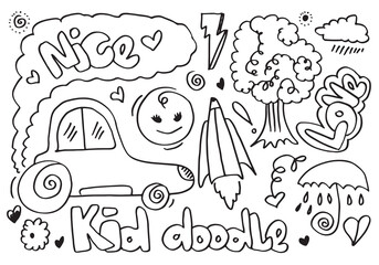 hand-drawn cute doodle set on white background. doodle design elements.doodle kids for decoration and coloring page.