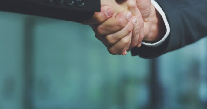 Deal, partnership and handshake for business merger gesture at corporate b2b company meeting zoom. Shaking hands, welcome or thank you for professional agreement, communication and cooperation.