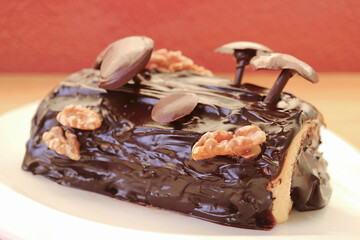 Closeup of Homemade Chocolate Yule Log Cake with Mushroom Decoration for Christmas