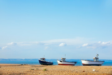 Three Fishing Boats on the Beach at the Dungeness Headland, Kent, England