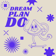 Vector illustration character- watermelon with happy face riding on a skateboard ìn retro style and typography quote. Groovy sticker with plant for print