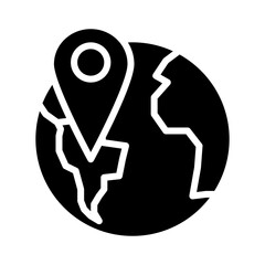 Globe with pin black glyph icon. Geolocation. Point on map. Word navigation. Earth with destination mark. Silhouette symbol on white space. Solid pictogram. Vector isolated illustration