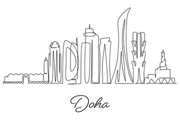Doha City of Qatar skyline. Simple One line continuous line drawing art for tourism business concept and advertisement. Single line hand drawn style design.