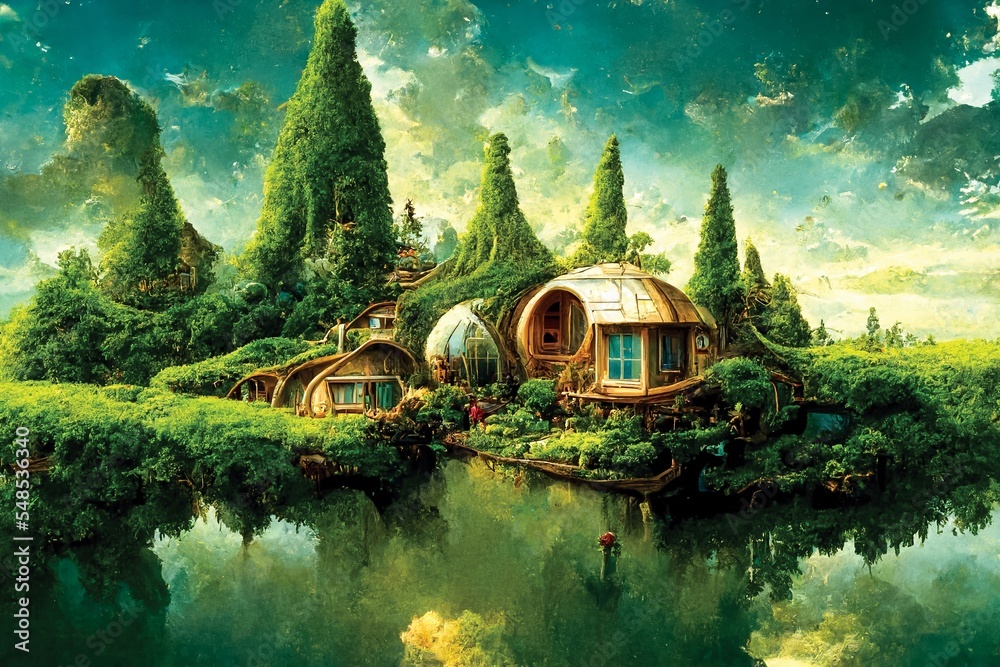 Wall mural fantasy landscape, modern building, capsul houses on the river. nature scenery, digital illustration