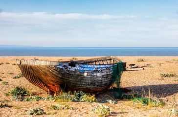 Abandoned Boat Wreck on the Beach at the Dungeness Headland, Kent, England