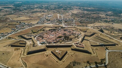 Aerial of  Castell de Sant Ferran castle clear sunlit sky background Figueres, Spain