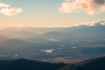 Tranquil mountain range valley in twilight