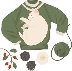 Winter cute cozy illustration with fluffy white cat sleeping on knitted green warm sweater, wool yarn, pine cones, candles, berries and leaves. Clip art set for card, scrapbook, stickers isolated png