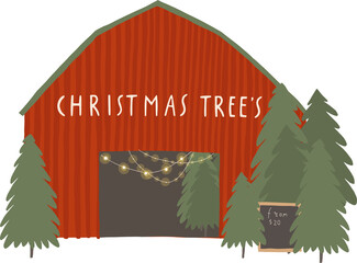 Christmas tree Market Stall, kiosk. Outdoor festival stand. Barn house with fir for sale. Winter. Vector