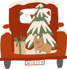 Red car under snow with Christmas tree and presents on it. Hand drawn illustration in flat cartoon style