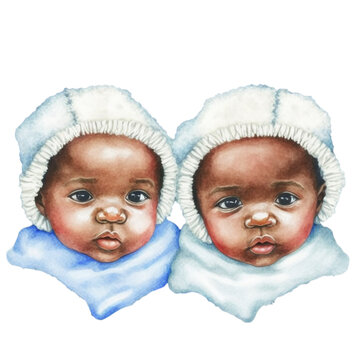 Black twin babies in winter hats, cute african american twins wearing winter hats, Watercolor illustration
