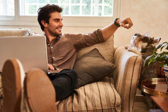 Happy man working on laptop near dog