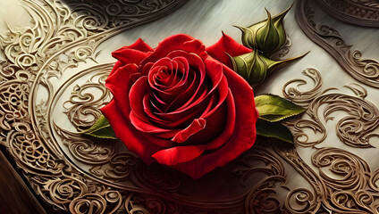 a single red rose stands on a timber table with delicate wood carvings - valentine's day - still life - wedding - love - romance