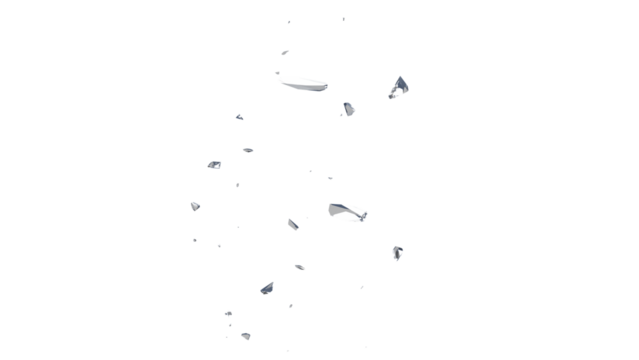 Glass mirror breaked shatter with debris super slow motion. Macro camera 3d illustration.