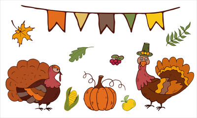 Thanksgiving day. Turkeys, pumpkin, holiday flags, leaves, apple, corn. Isolated Vector Illustration