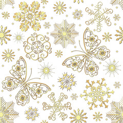 Fototapeta na wymiar Vector seamless Christmas pattern with golden snowflakes and butterflies on transparent background