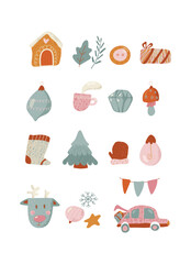 Christmas elements collection. Set of christmas items. Happy new year. Vector illustration. Hand-Drawn.