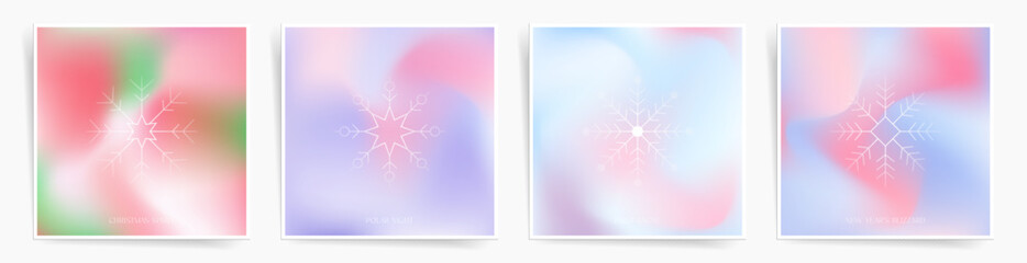 Cute square gradient backgrounds with frame and snowflakes for Christmas and New Year holidays. Winter decorations set for posters, cover, postcard, cover, invitation and more. Modern vector pattern